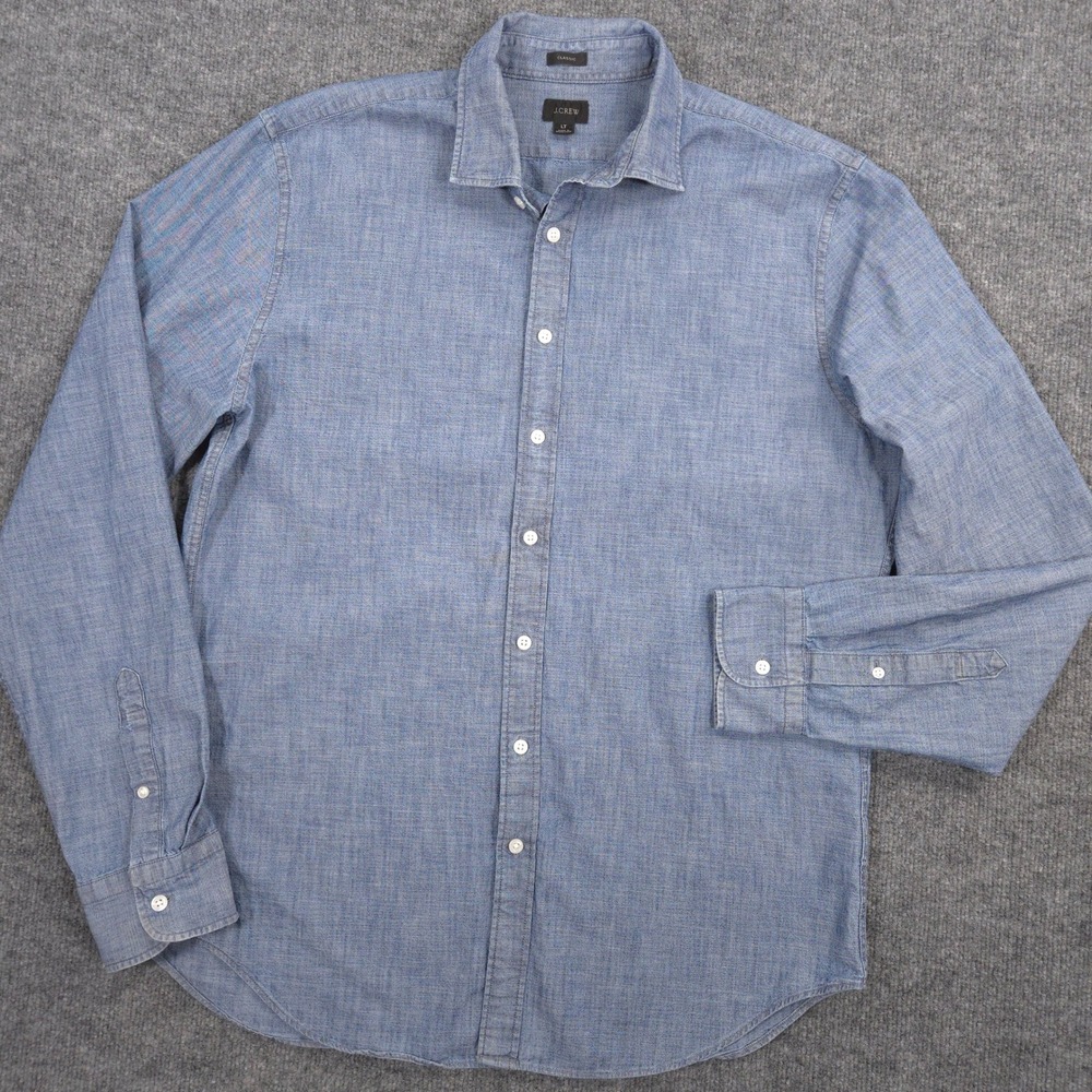 J Crew Chambray Shirt Mens L Tall Blue Classic Fit Long Sleeve Button Up Preppy
